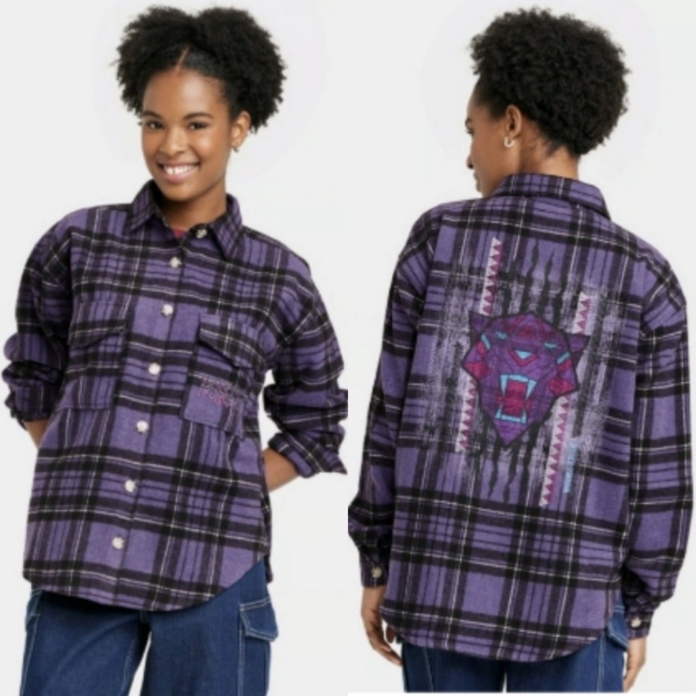 Disney Marvel Black Panther Women’s XL Purple Plaid Wakanda Forever Shacket